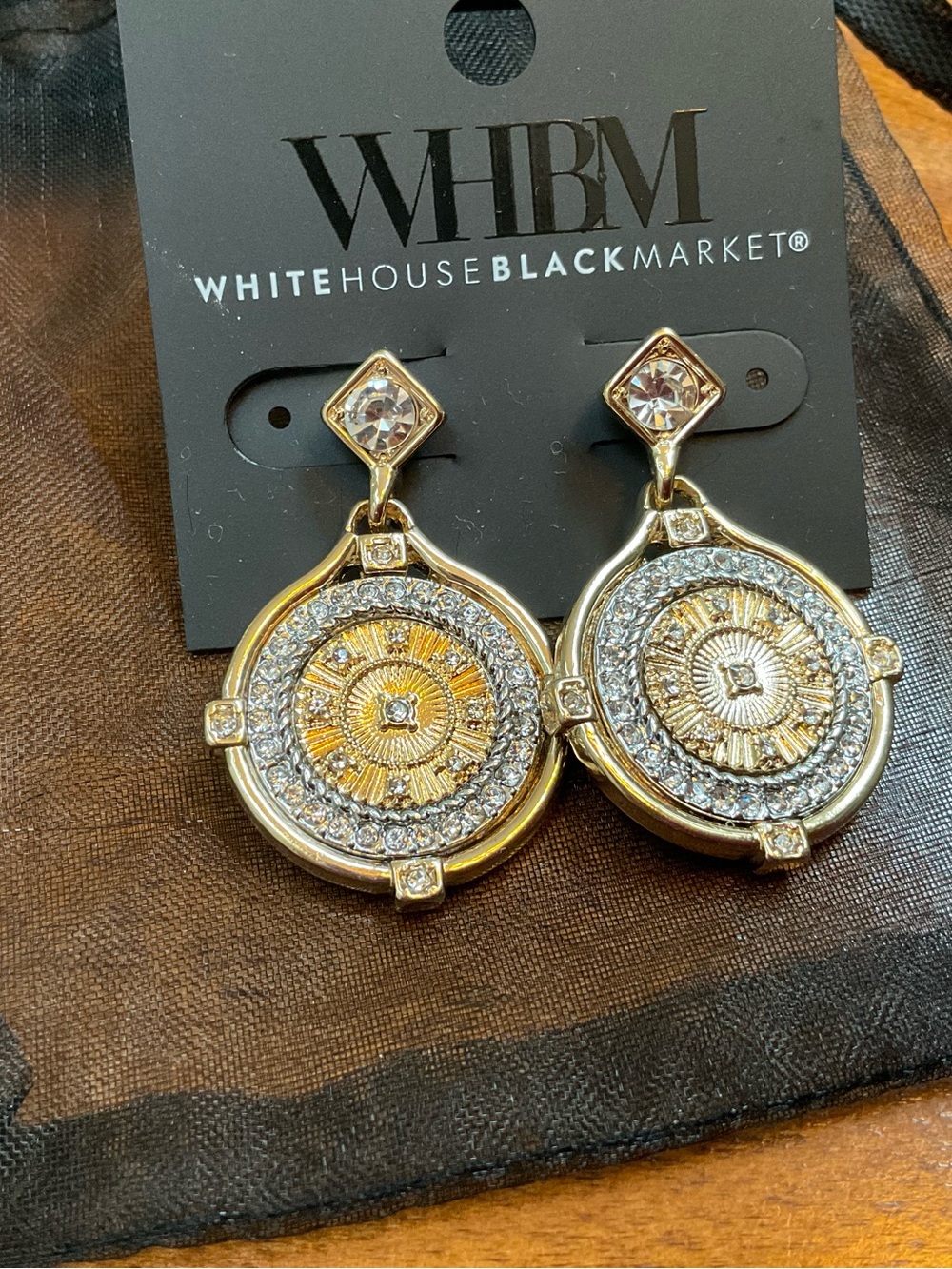 White House Black Market Gold and Silver Medallion Drop Earrings NWT